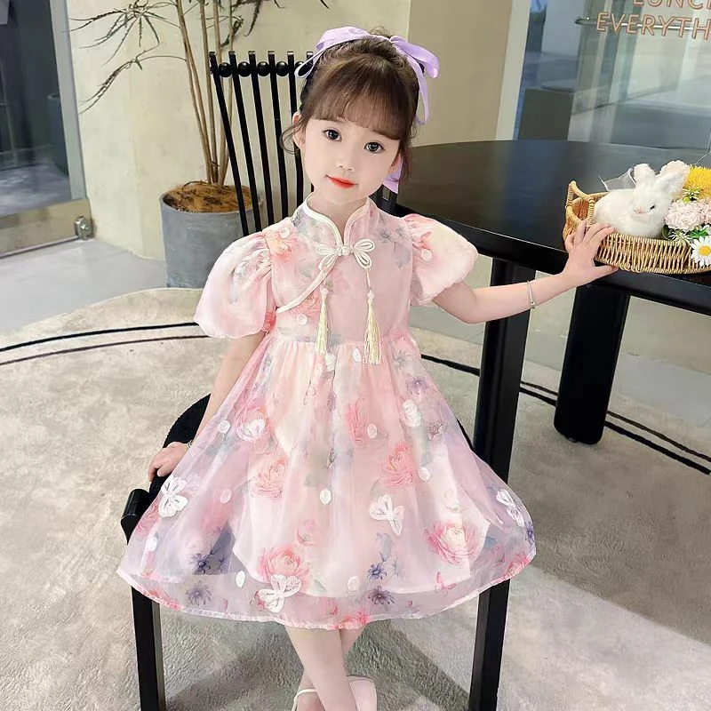 现货X629女童夏季花朵流苏连衣裙