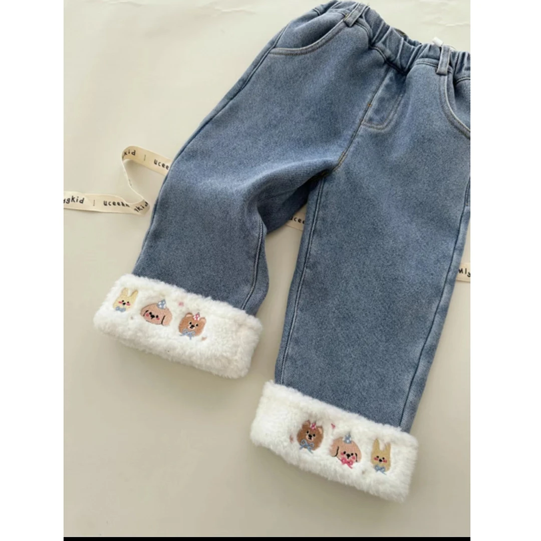 【清仓116】现货FF261女童冬季刺绣加绒牛仔裤