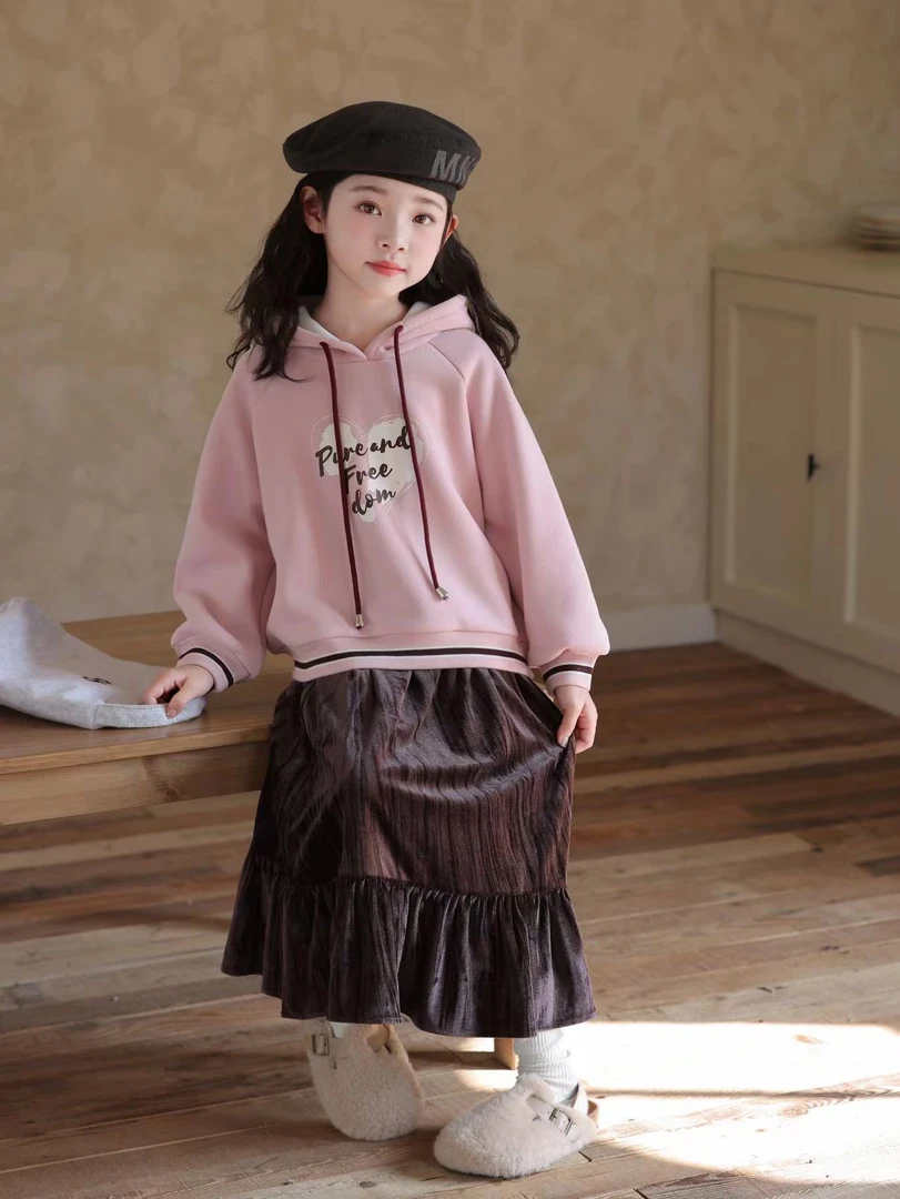 现货FF415女童冬季加绒连帽卫衣加绒裙子套装