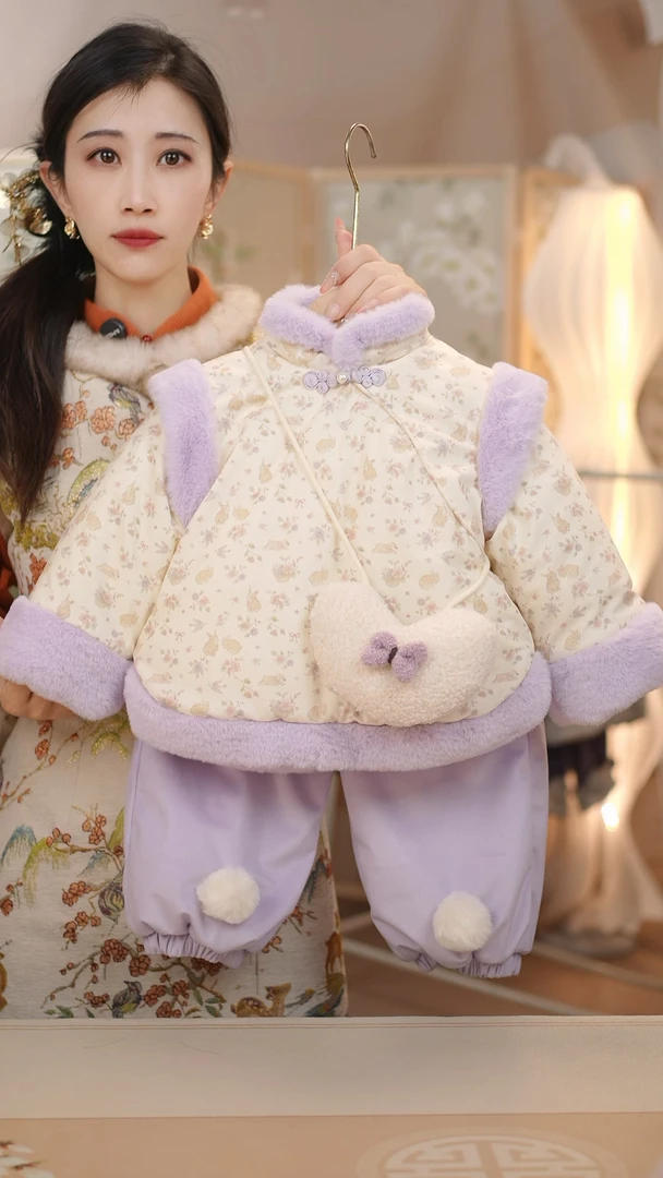 现货 【紫丁香不带包包）GF046女童冬季加绒国风套装保暖拜年服