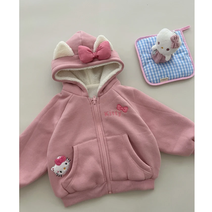 现货FF271女童冬季加绒猫咪连帽外套