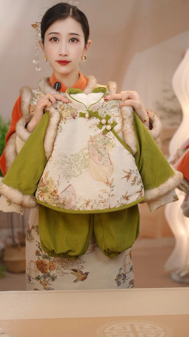 现货  { 绿扇子} GF017女童冬季加绒国风套装拜年服儿童