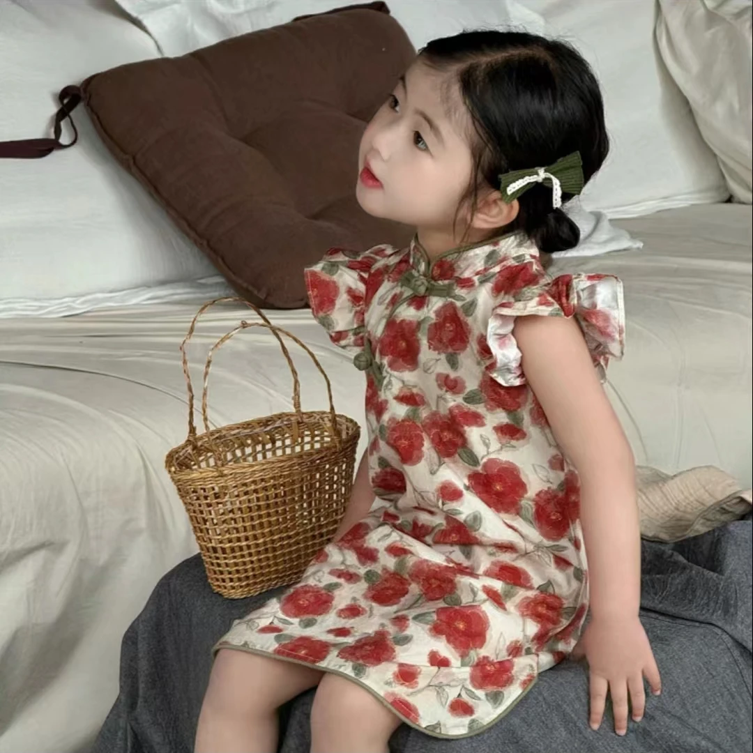 (现货纯棉）穿到膝盖以上 AC640女童海棠花夏季花朵小飞袖旗袍