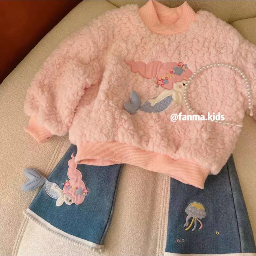 现货AC070女童冬季加绒卫衣牛仔裤套装