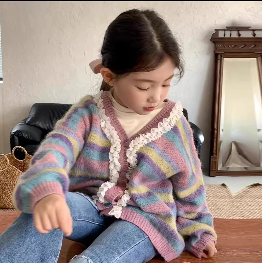 现货X966女童条纹冬季韩版毛衣上衣