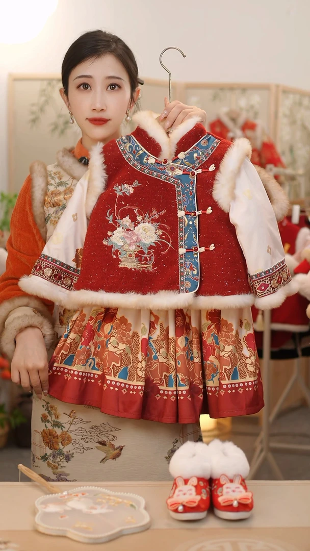 现货【醉玲珑】GF062女童冬季加厚加绒上衣加绒两件套中国风拜年服