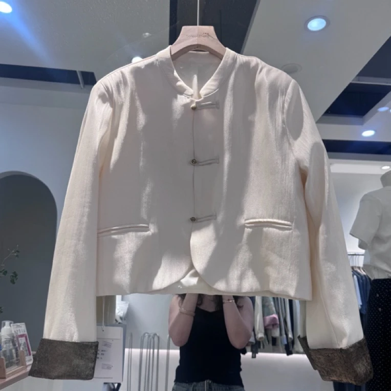 2024春季新款新中式盘扣小个子短外套女国风拼接立领别致上衣潮