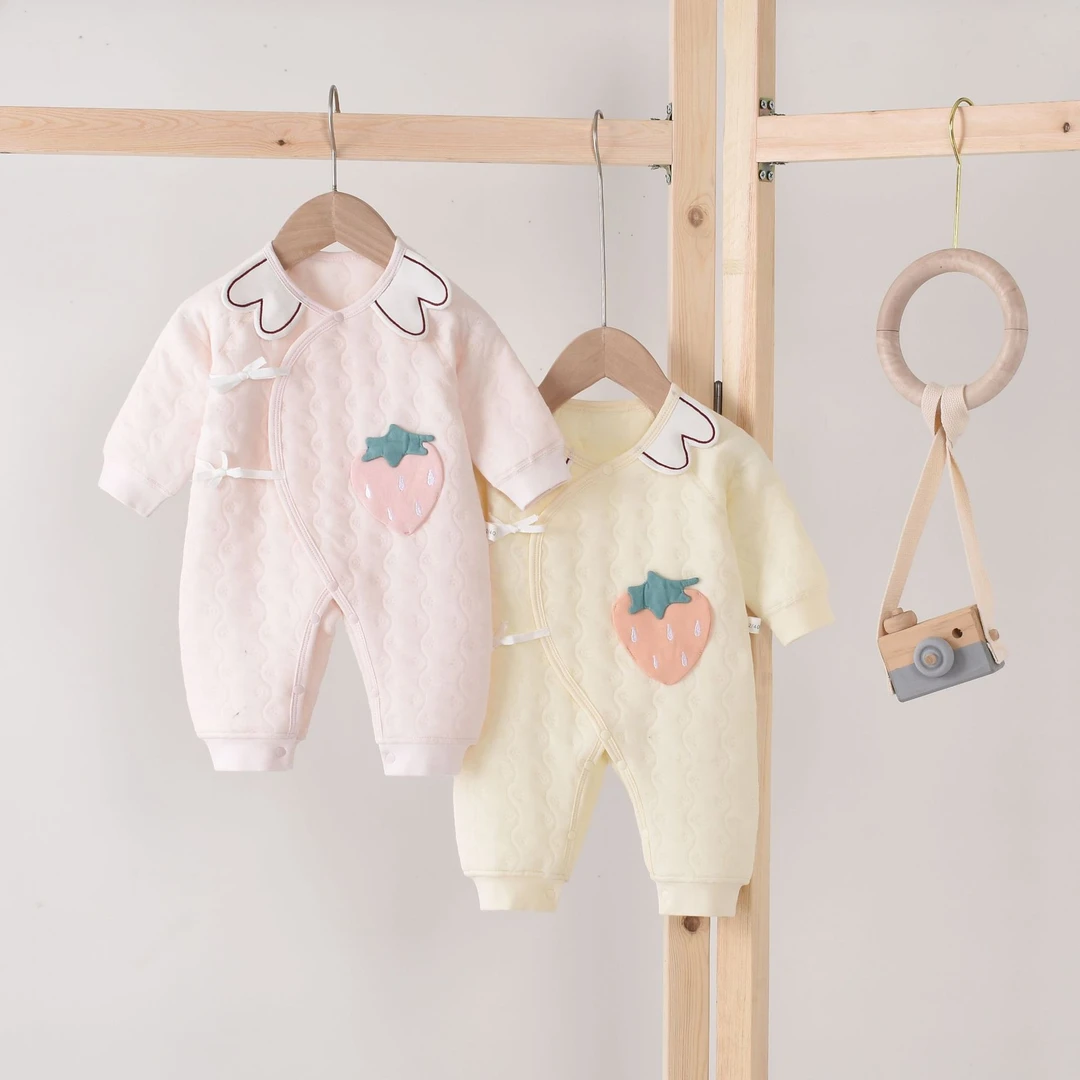 初生婴儿连体衣春秋纯棉宝宝哈衣和尚服三层保暖偏襟细带可爱翻领