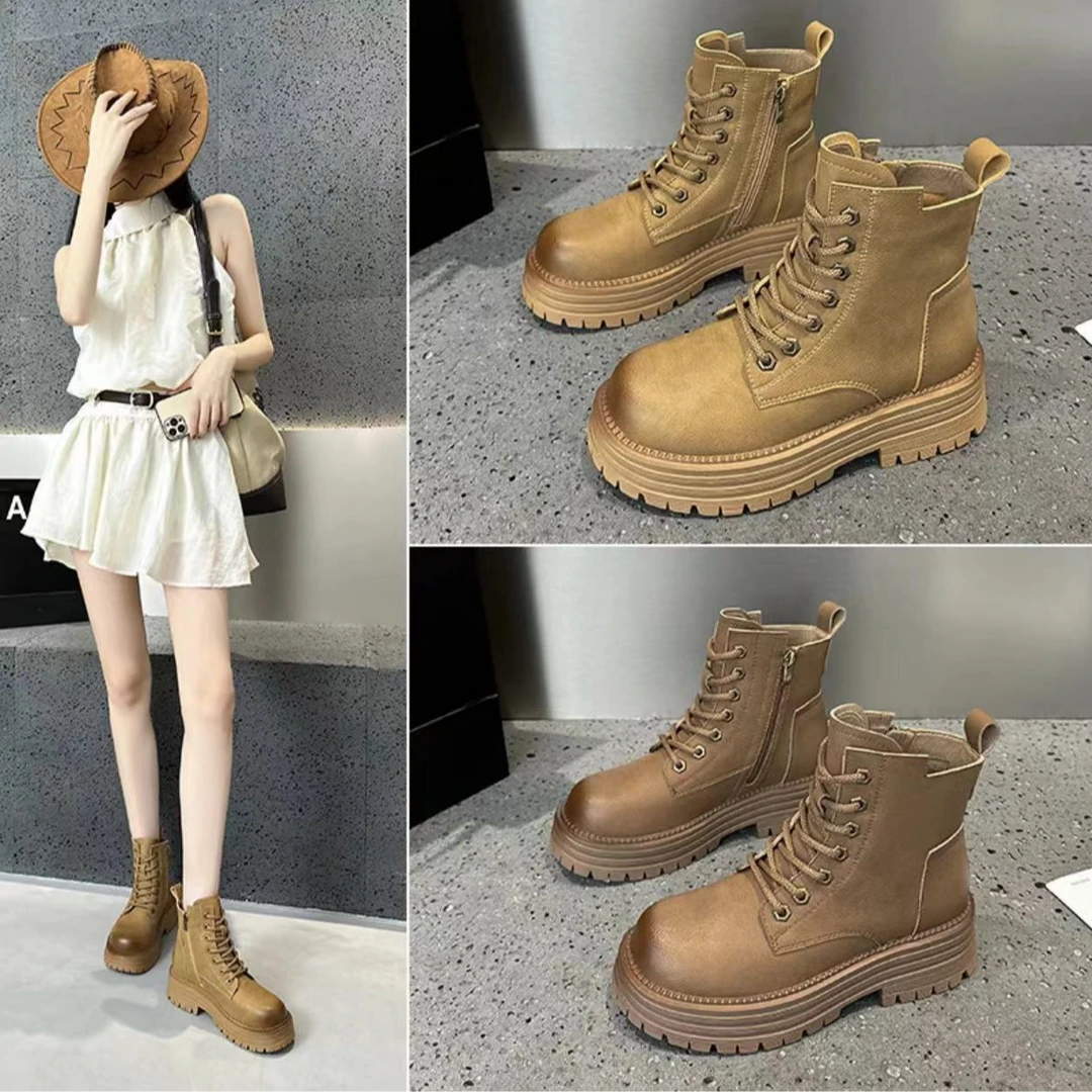 真皮马丁靴女短靴2024秋冬新款复古简约百搭旅游登山踢不烂大黄靴