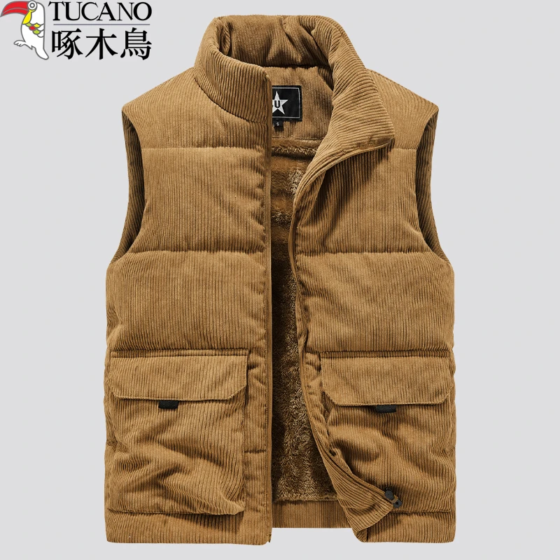 啄木鸟秋冬男士灯芯绒马甲加绒加厚大码立领坎肩多袋工装背心外套
