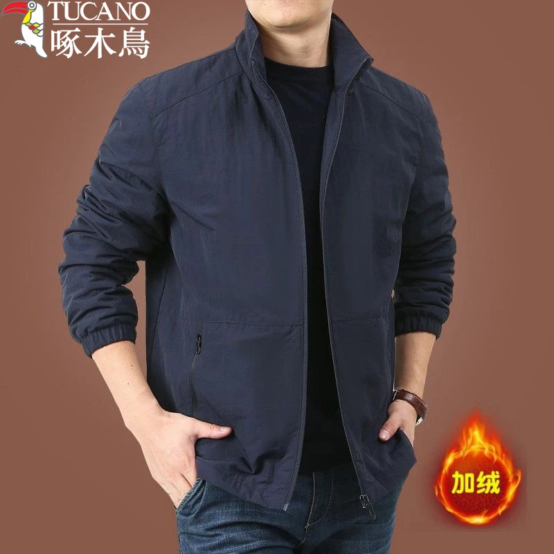 啄木鸟秋冬加绒休闲男外套2024新款户外立领加绒宽松立领男装夹克