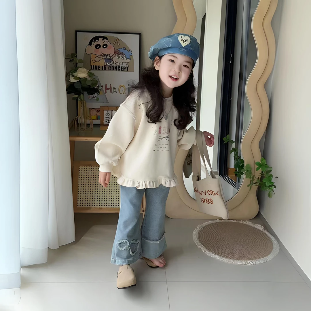 女童秋装套装2024新款中小童韩版圆领长袖卫衣女孩时髦牛仔裤套装