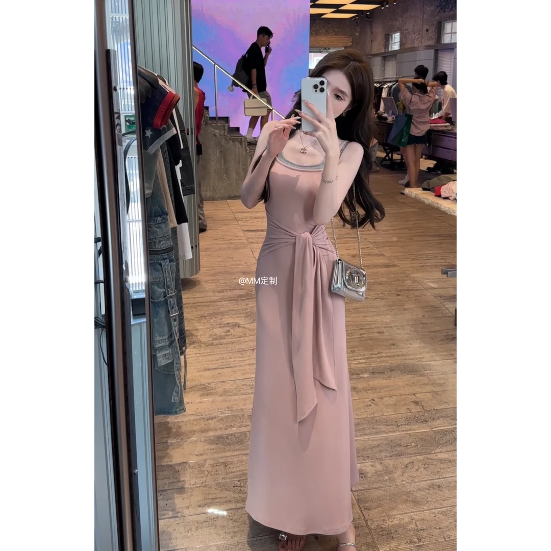 【少女曲线】2024新款夏季显瘦气质修身绑带设计感粉色连衣裙A150
