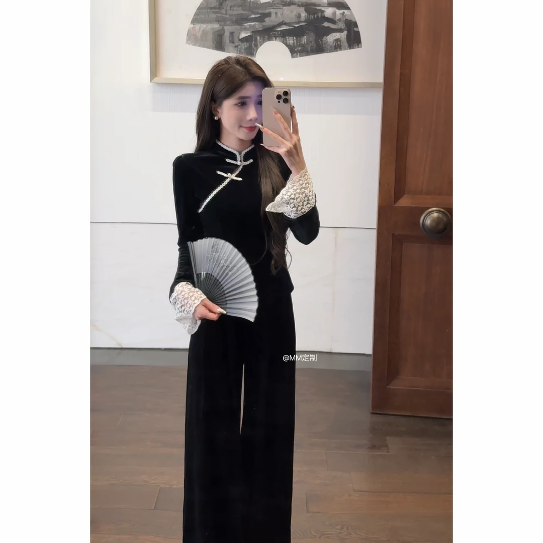 【民国大小姐】2024新款冬季新中式温柔黑色丝绒轻熟风两件套A330