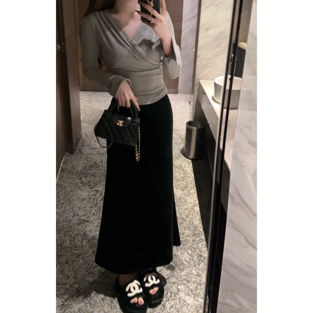 【丝绒半身裙】冬季新款显瘦小个子鱼尾下摆韩系百搭半身裙A8903