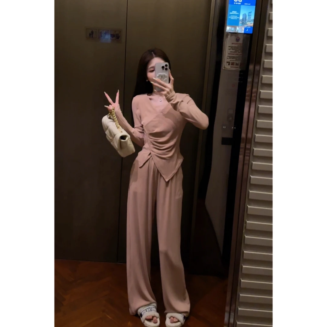 2023早秋新款气质百搭松弛感穿搭V领不规则上衣阔腿拖地裤套装A18