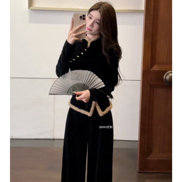【得心应手】2024新款冬季加厚保暖黑色丝绒抗寒套装两件套A334