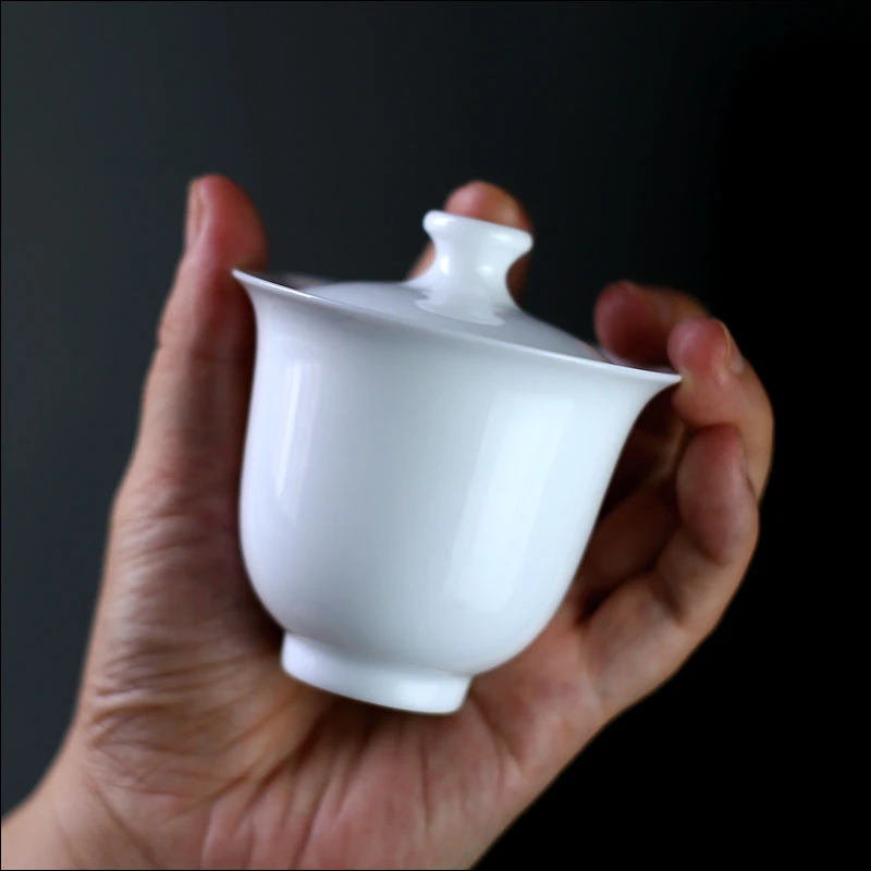 薄胎小号盖碗白色羊脂玉饮茶碗单个功夫茶试茶品茶专用三才碗青花
