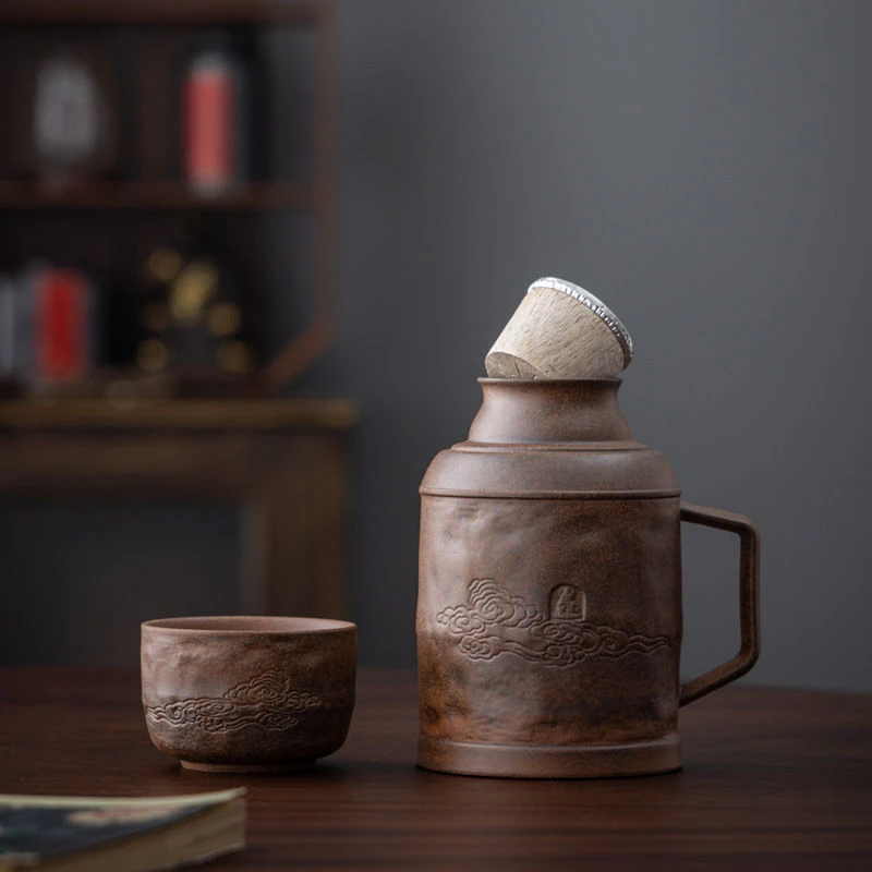 复古粗陶老岩泥木塞水瓶浮雕敦煌石窟风格个性冷泡花茶手把冷水壶