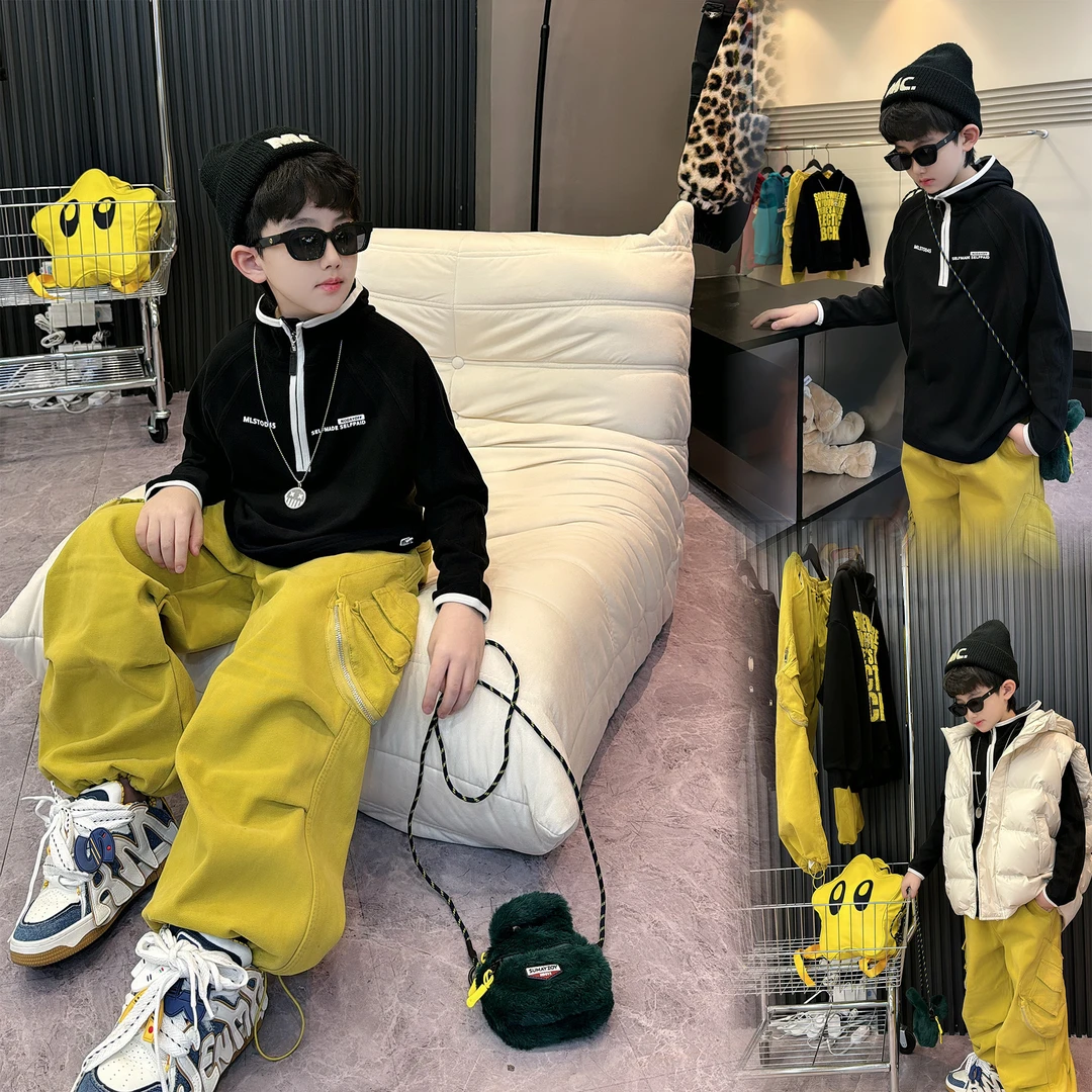 蛋蛋家【黑色连帽打底】夏季新款儿童黑色白边半拉链连帽打底T恤