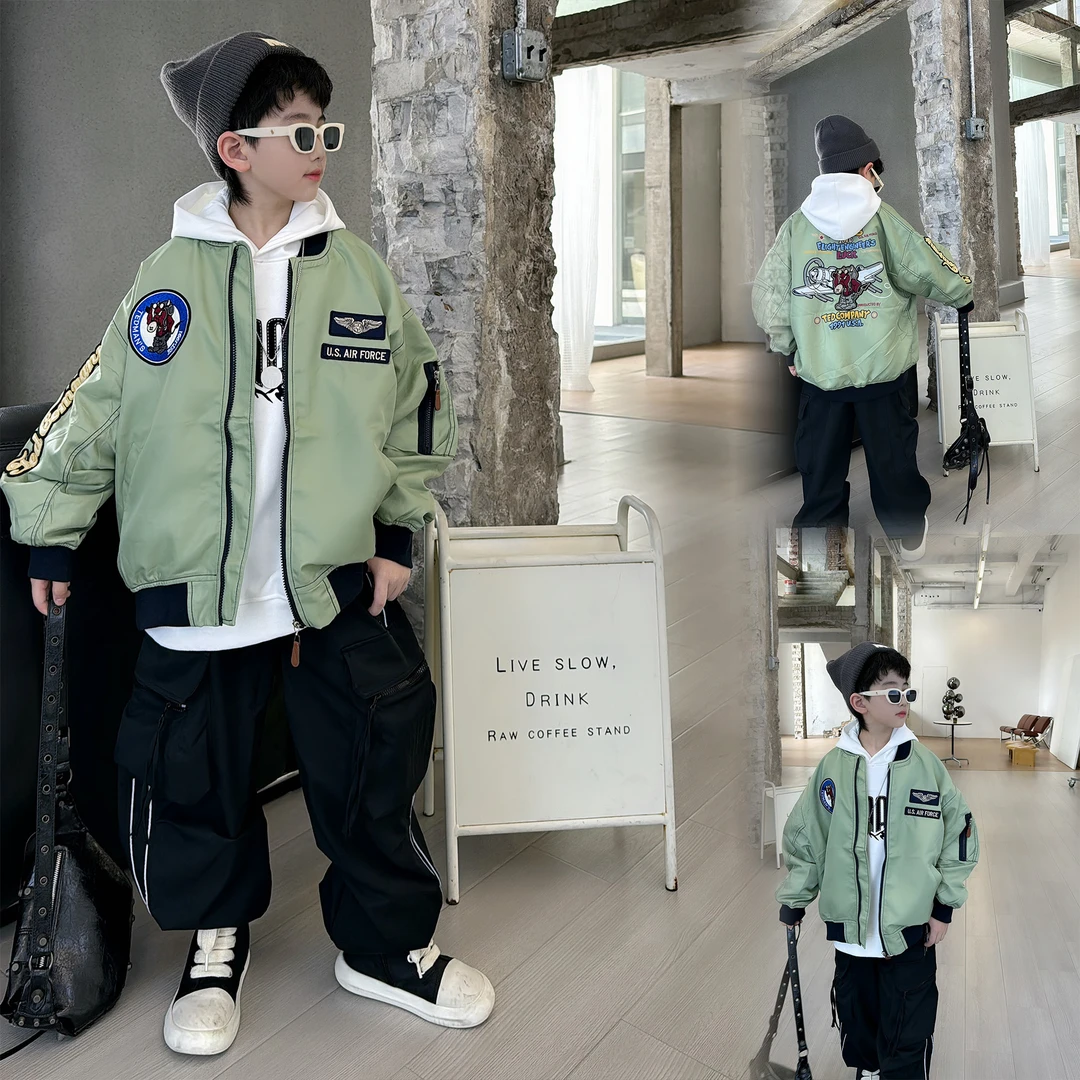 蛋蛋家【豆沙绿飞行服】秋季新款百搭豆绿色卡通印花飞行服