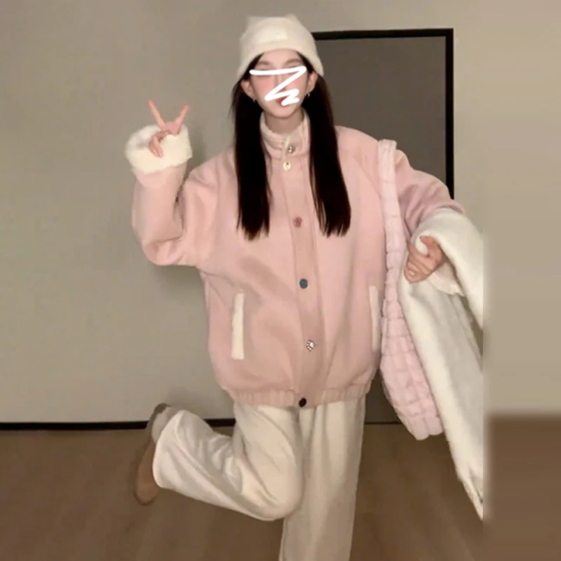 6961美式粉色棒球服夹克外套女装秋冬2024新款加绒防羊羔毛绒棉衣