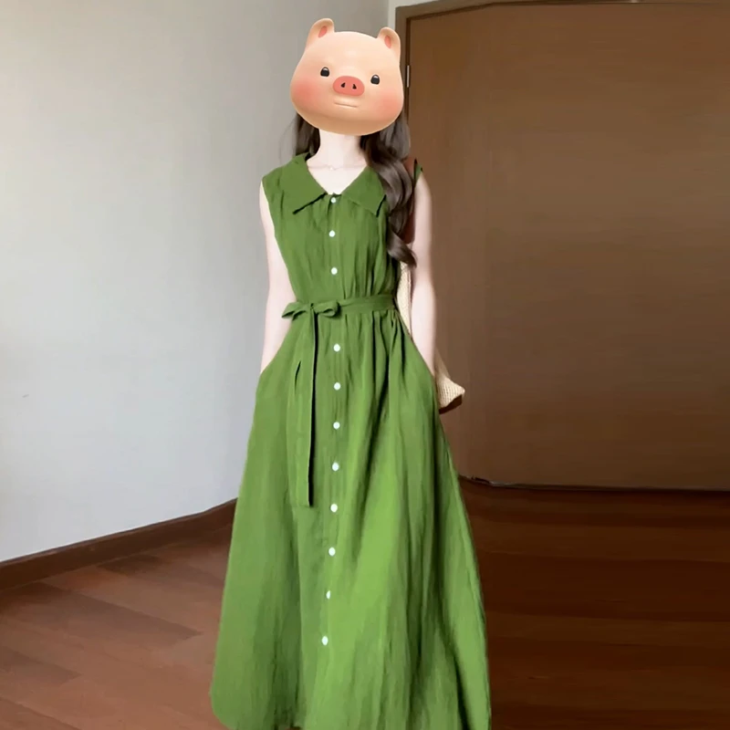 3608绿色法式无袖衬衫连衣裙子女夏季2024新款收腰显瘦长裙