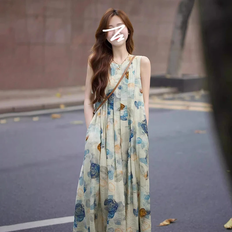 1752新中式无袖碎花吊带连衣裙子女装夏季2024新款梨形身材长裙