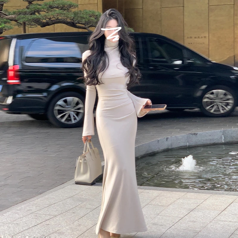 7188法式高领内搭打底连衣裙子2025新款女秋冬修身包臀鱼尾长裙