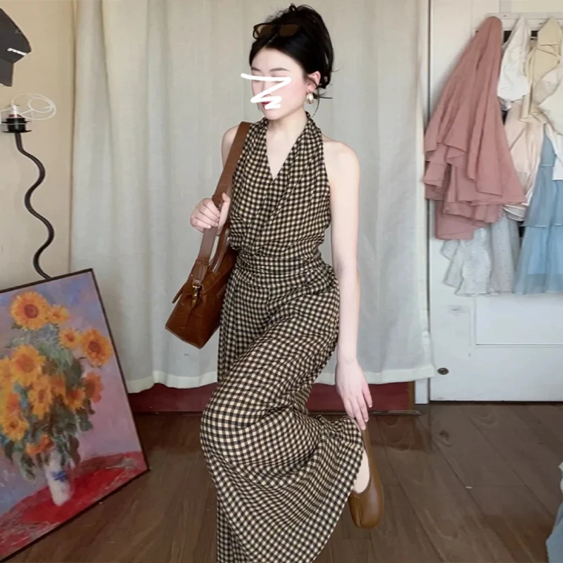 3660格子v领挂脖连衣裙子女2024新款夏季休闲阔腿裤两件套