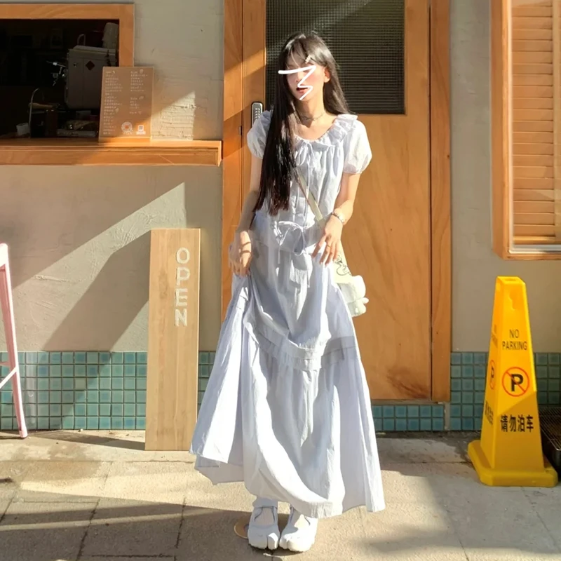 3564法式蓝色荷叶边泡泡袖连衣裙子女夏季2024年新款收腰显瘦长裙