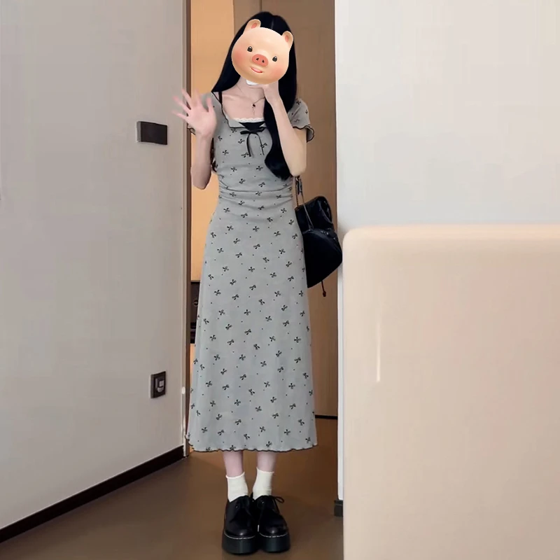 1918法式灰色收腰显瘦碎花连衣裙子女夏2024新款小个子假两件长裙