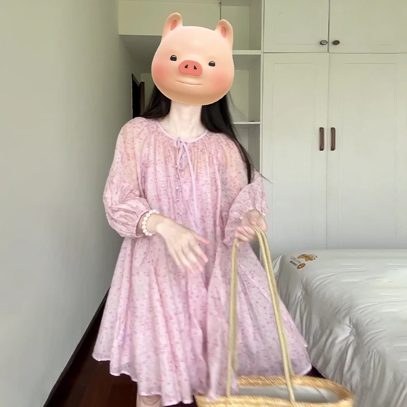 3928法式粉色泡泡袖连衣裙子2024早秋新款女装海边度假套装短裙