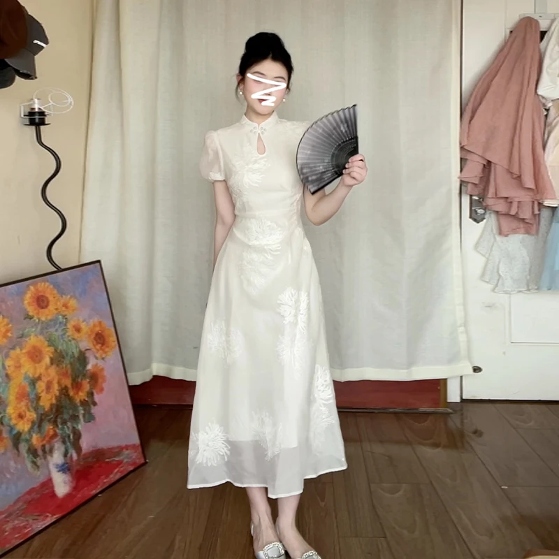 【清仓】3453新中式国风禅意白色连衣裙子女装2024新款夏季收腰长裙