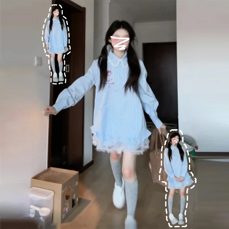 6079蓝色条纹衬衫连衣裙子女秋冬2024年新款小个子花边娃娃领短裙