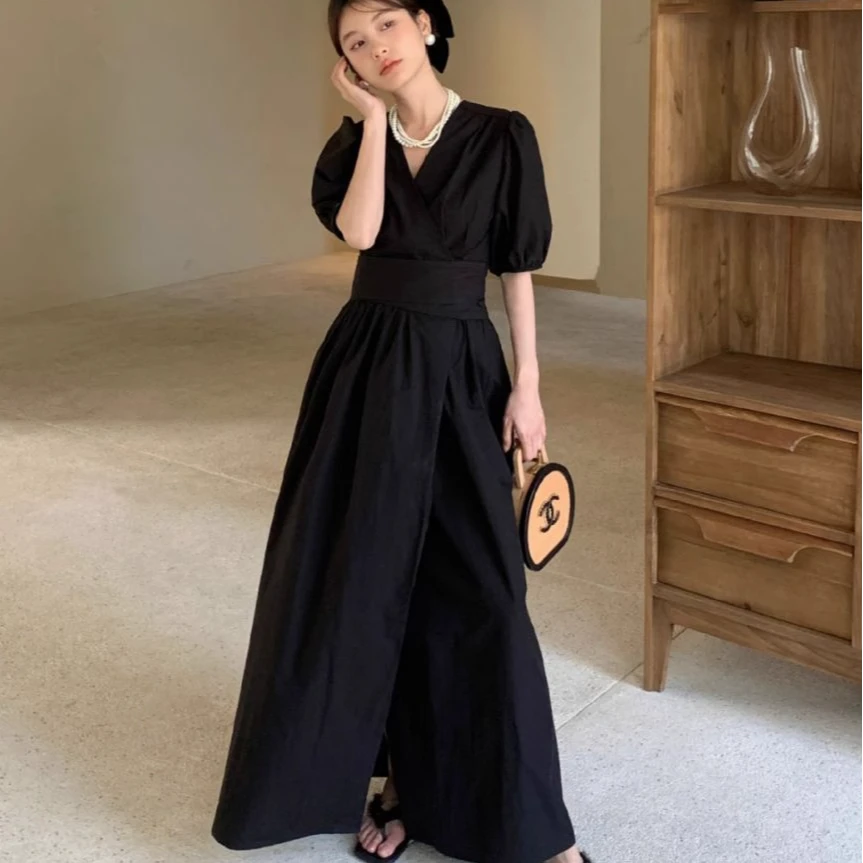 2077赫本风黑色泡泡袖连衣裙子女夏季2025新款茶歇法式长裙