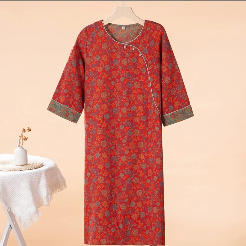 【蔷薇睡裙】A类全棉色织双层纱睡裙女款 短袖