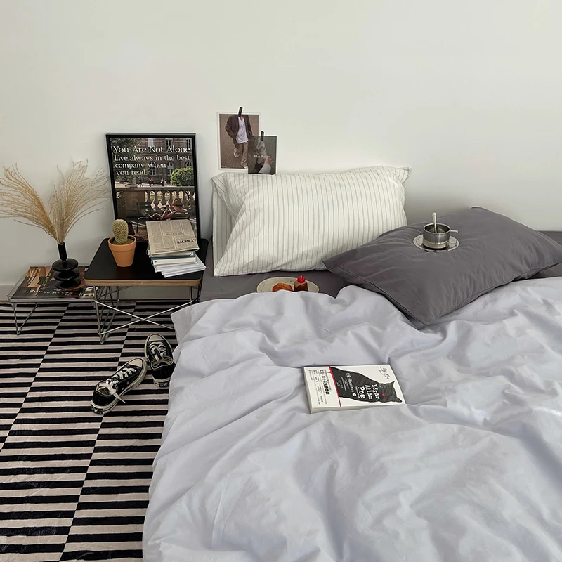 日式混搭风全棉水洗棉四件套纯色条纹简约系纯棉三件套被套床品
