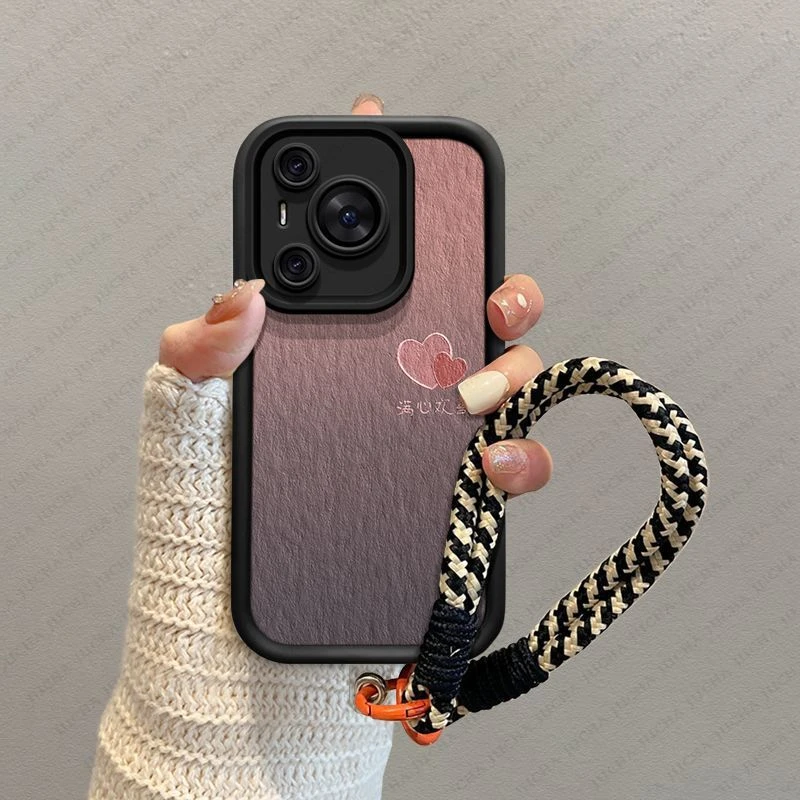 适用pura70手机壳高级感带挂绳p60pro高端新款渐变油画爱心网红