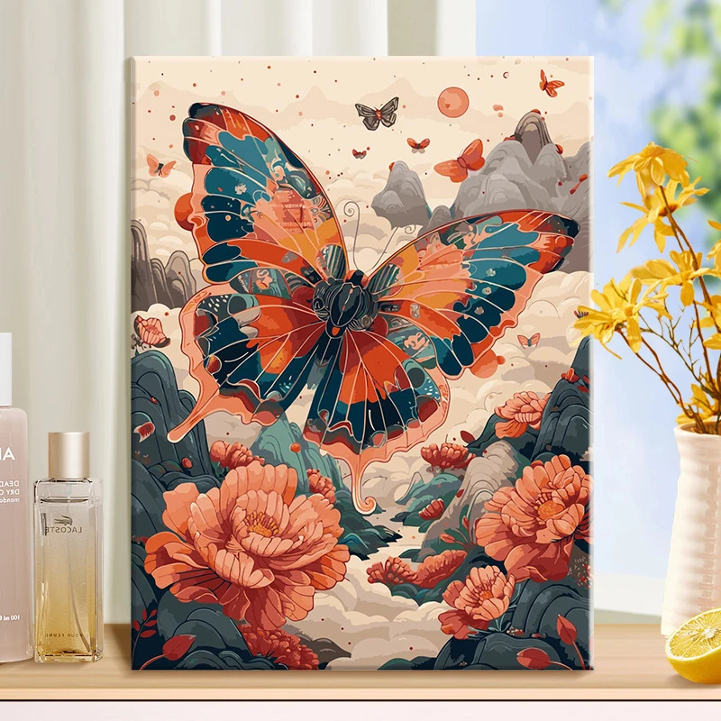 【庄生梦蝶】diy数字油画红线条手工填色画丙烯填充梦幻解压装饰画