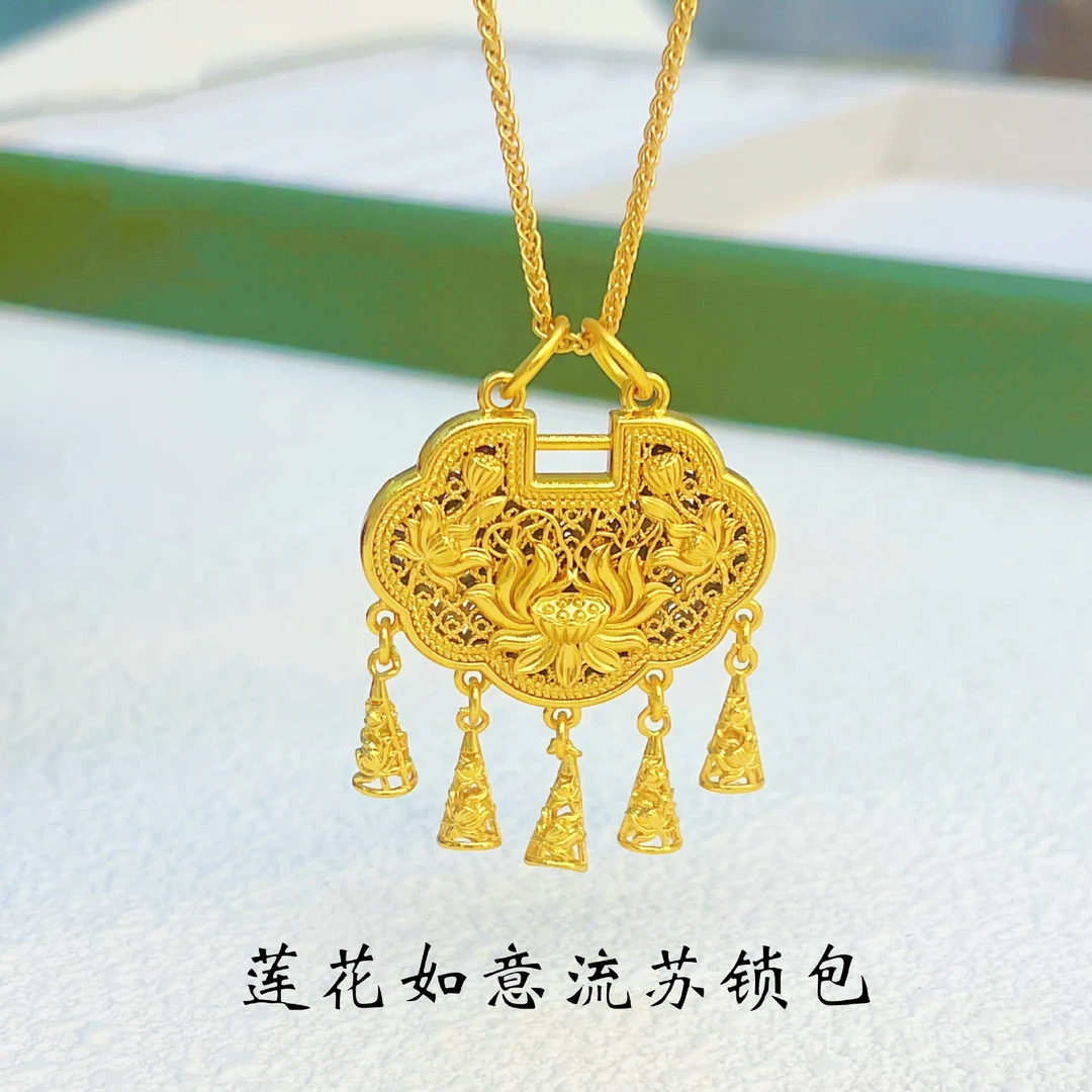 铜合金项链 古法莲花如意流苏百搭锁包吊坠diy项链毛衣链国风饰品