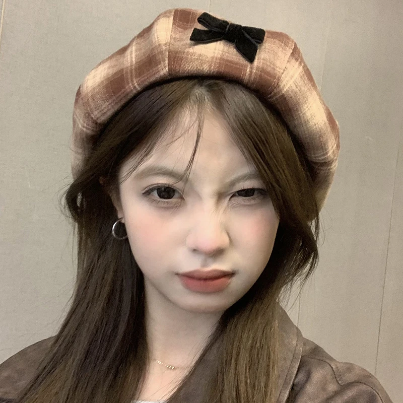 格子贝雷帽子女春秋薄款2025新款甜美日系复古百搭显脸小画家帽