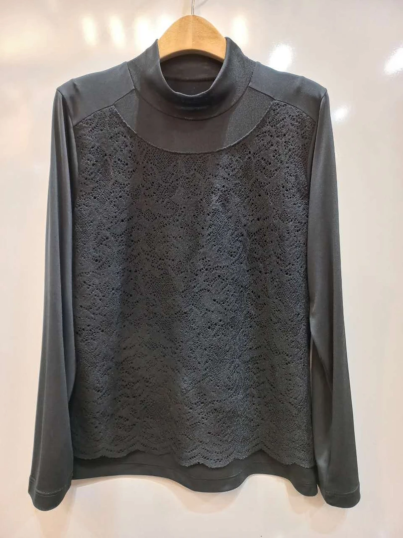 韩国2024新款加绒蕾丝拼接半高领弹力衫时尚百搭简约