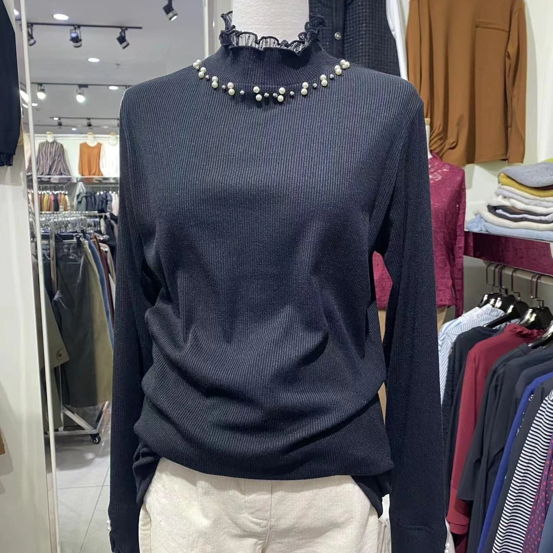 考世茂韩国女装珍珠领弹力洋气百搭打底衫