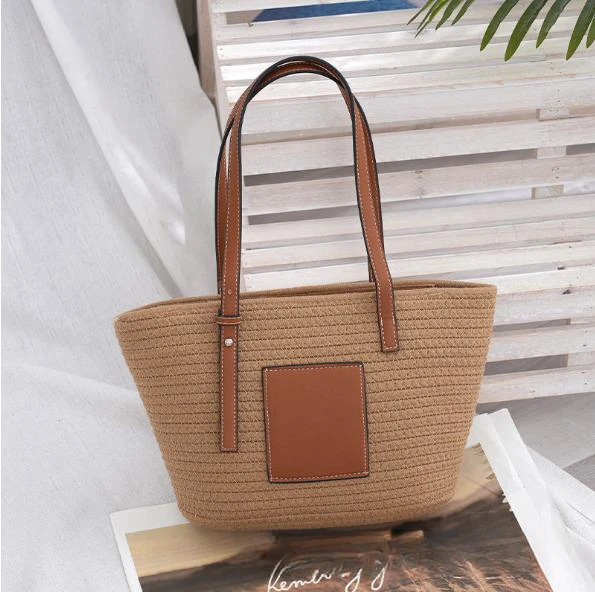 棉绳编织皮把手提包夏季海边沙滩包大容量单肩包女士包包休闲百搭