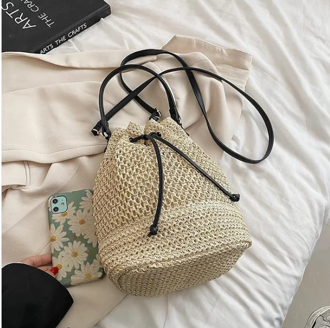 时尚水桶包新款轻便编织沙滩包简约大容量郊游露营包手提斜跨女包