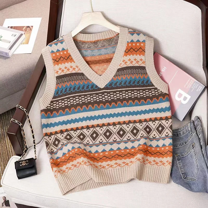 民族风菱形针织马甲女背心上衣复古女士套头时尚
