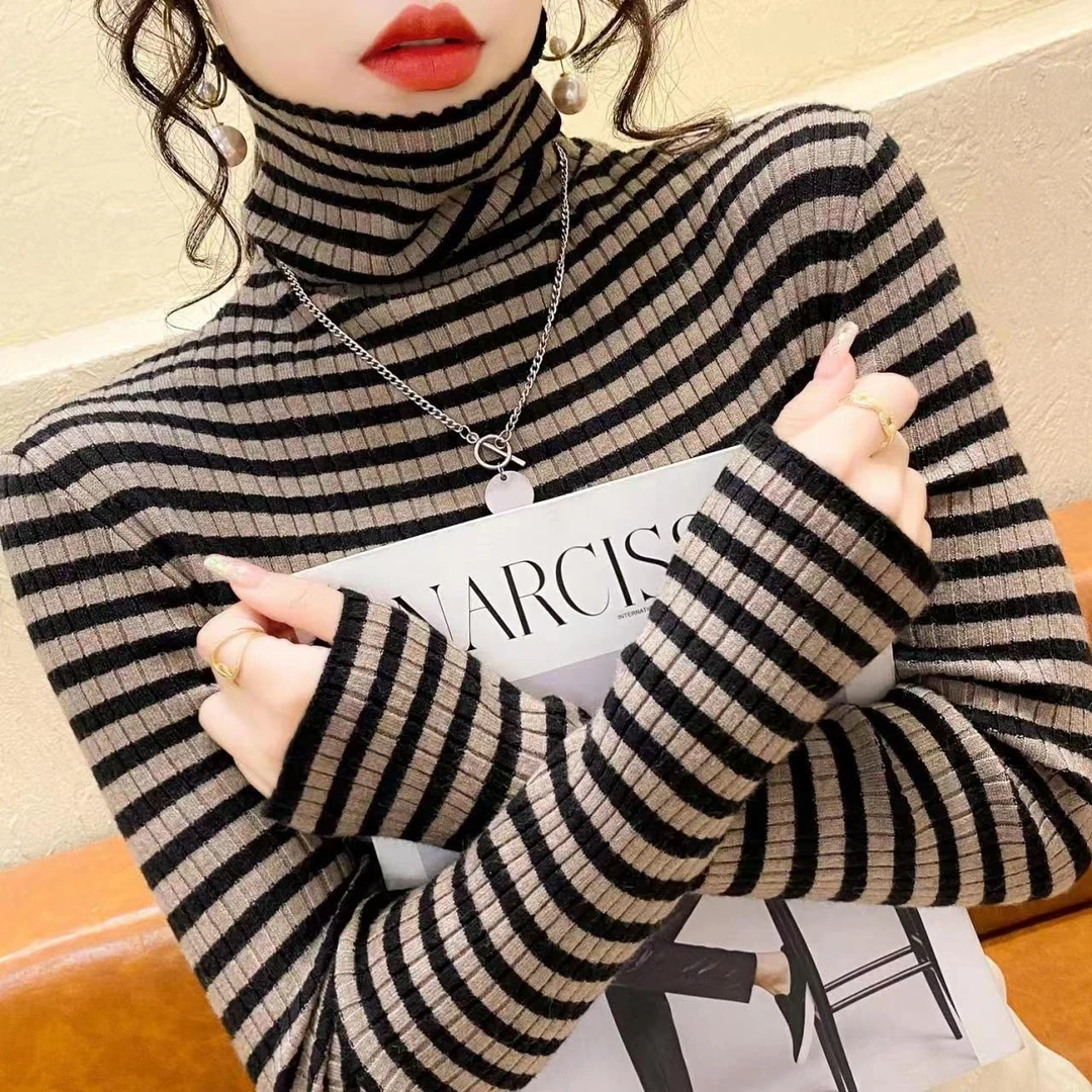 秋冬季新款堆堆领百搭显瘦条纹撞色高领针织毛衣修身长袖网红洋气