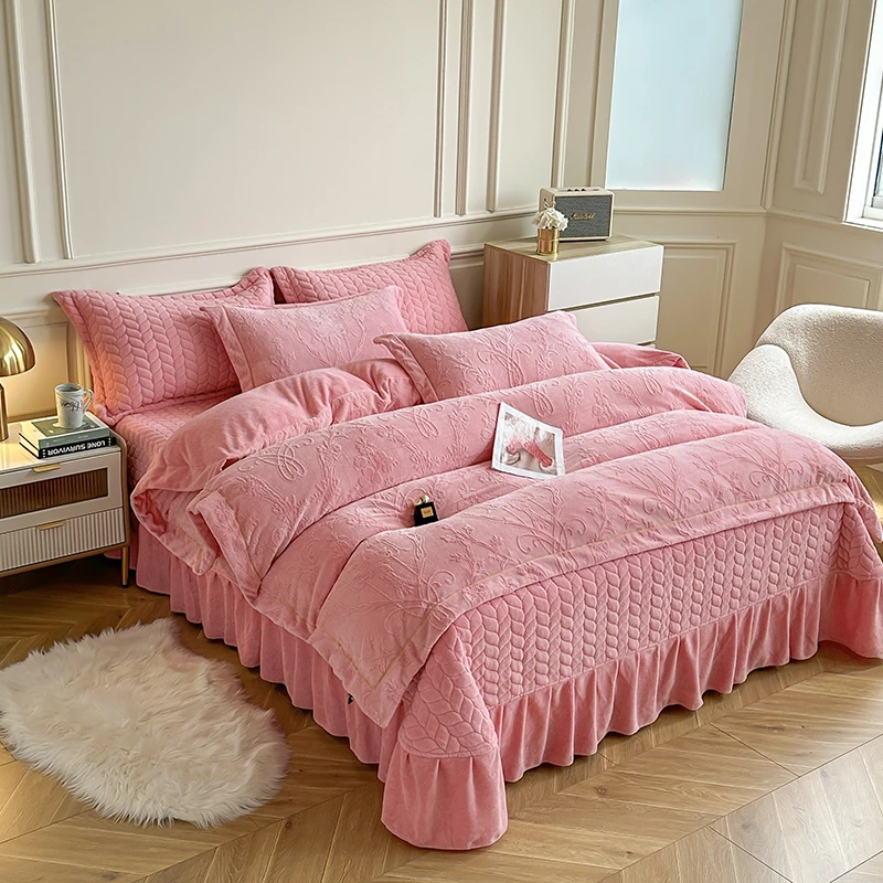 冬天新款高档牛奶绒四件套加厚夹棉床盖款双面加绒被罩床上四件套