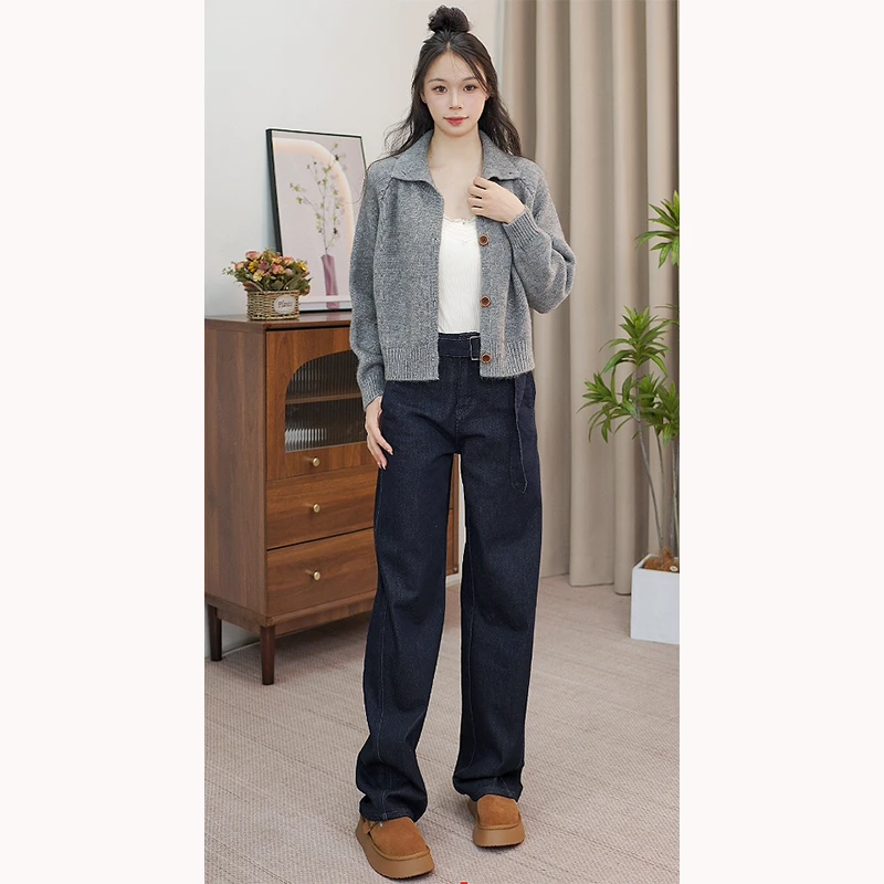 2024年冬季新款高腰阔腿裤磨毛加绒宽松防褪色显瘦宽版弯刀裤